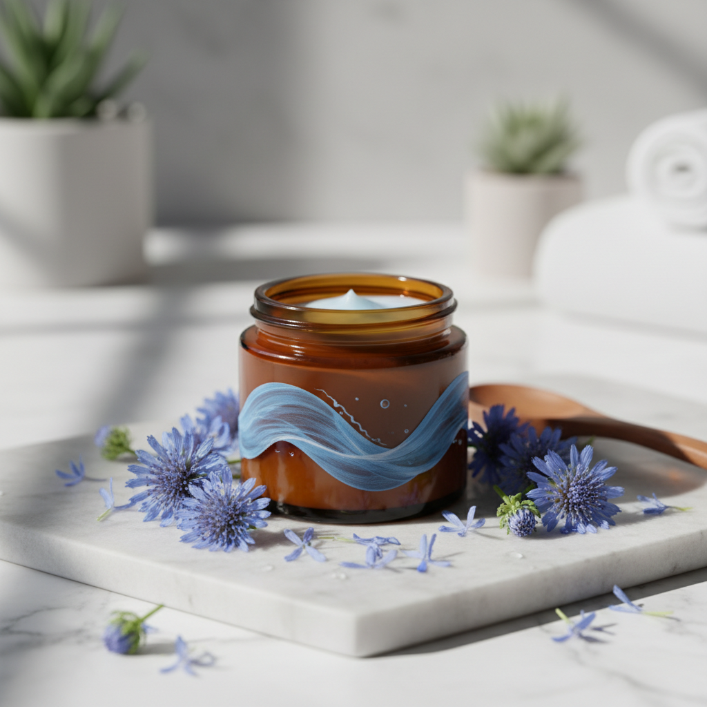 Blue tansy with brown jar and blue swirl